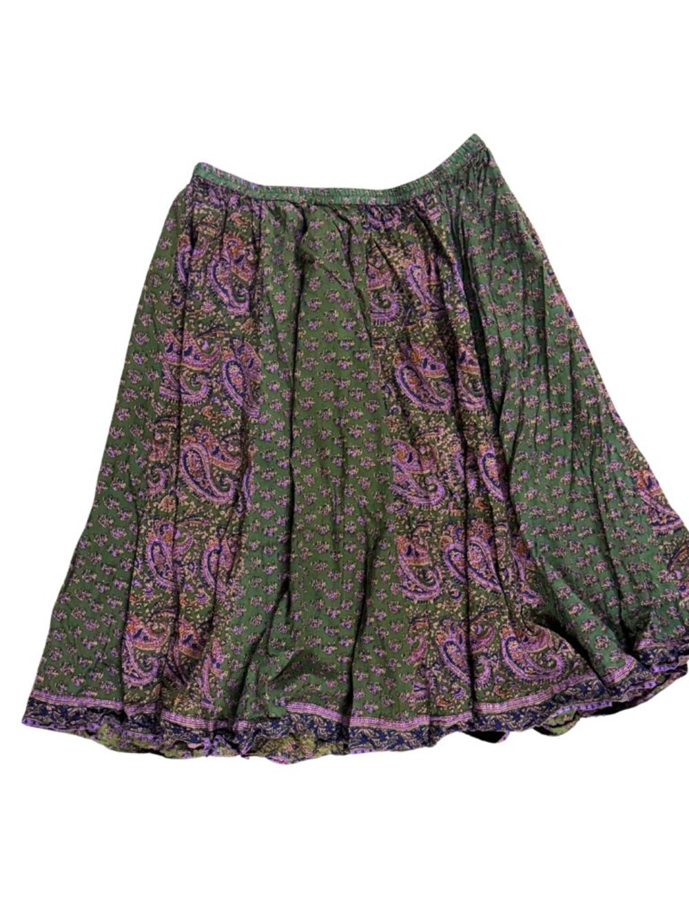 Vintage Indigo 100% Cotton Paisley Printed Midi Skirt Size XL Purple Green Print